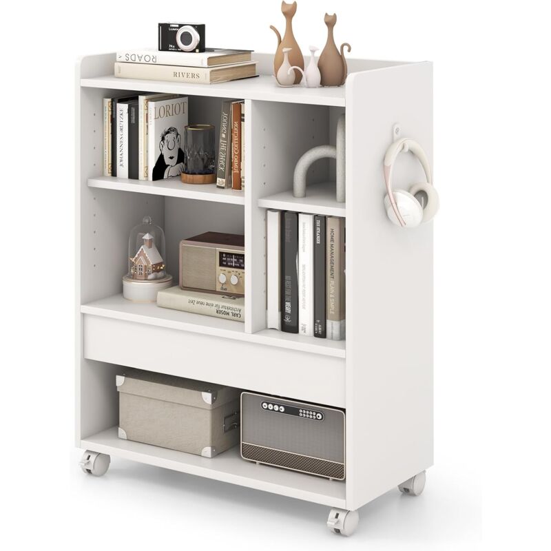 Table d'Appoint à Roulette, Meuble Tourne-Disque Vinyle, 5 Compartiments Ouverts, Étagères Réglables, Grand Tiroir, Crochet Amovible, Bout de Canapé