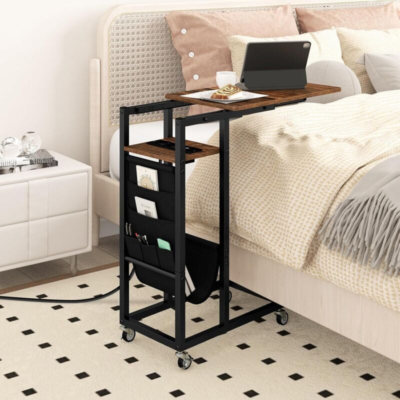 Costway - Table d'Appoint à roulettes avec Prise, Plateau Extensible, Bout de Canapé en Forme c, 2 Prises, 1 Port usb, Porte-Revues, 5 Pochettes,