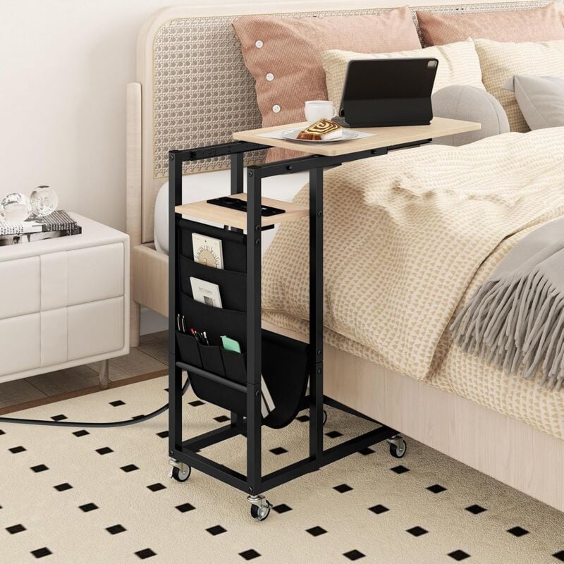 Costway - Table d'Appoint à roulettes avec Prise, Plateau Extensible, Bout de Canapé en Forme c, 2 Prises, 1 Port usb, Porte-Revues, 5 Pochettes,