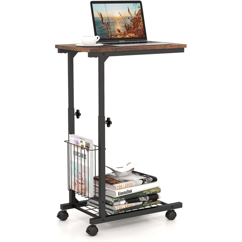 Costway - Table d'Appoint à roulettes, Bout de Canapé en Forme de c avec Porte-Revues, Table de Lit à Roulette Hauteur Réglable 58-80 cm, Table