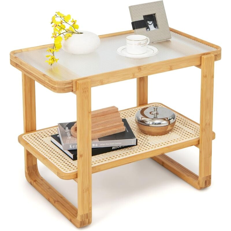 Costway - Table d'Appoint avec Étagère en Rotin pe, Bout de Canapé en Bambou avec Plateau en Verre Trempé, Bohême, Petite Table d'Appoint Salon, 70,5