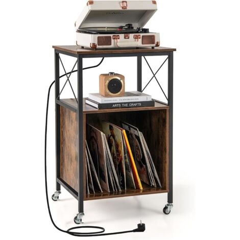 COSTWAY Table d'Appoint avec Prise, Bout de Canape à Roulette, Meuble Tourne-Disque Vinyle, 2 Prises, 1 USB, 1 Type-C, Support Tourne-Disque Industriel