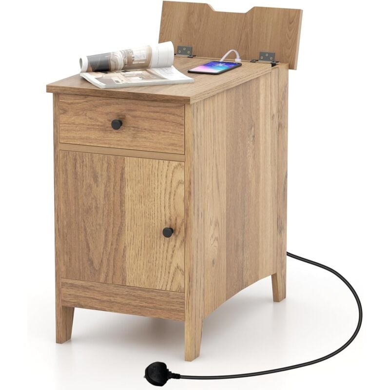 Costway - Table d'Appoint avec Prise, Bout de Canape avec Tiroir, 2 Prises, 1 Port usb, 1 Port Type-C, Petite Table Basse Etroite 60 cm pour Petit