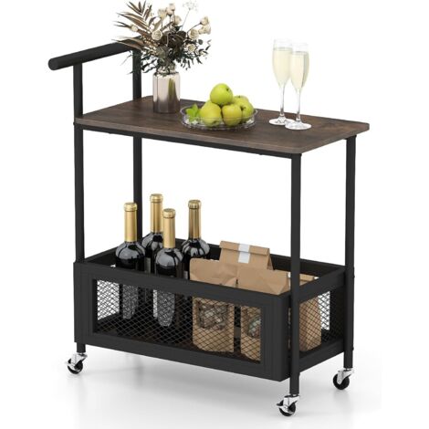 COSTWAY Table d'appoint avec roulettes, table basse avec poignée, table de salon avec tablette ouverte et panier en fil métallique, desserte pour salon, cuisine et chambre à coucher, brun rustique