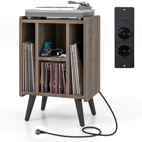 Costway – Table d’appoint avec station de charge – 2 prises, 1 USB rapide, 1 Type-C – Pieds en métal – Meuble pour tourne-disque vinyle
