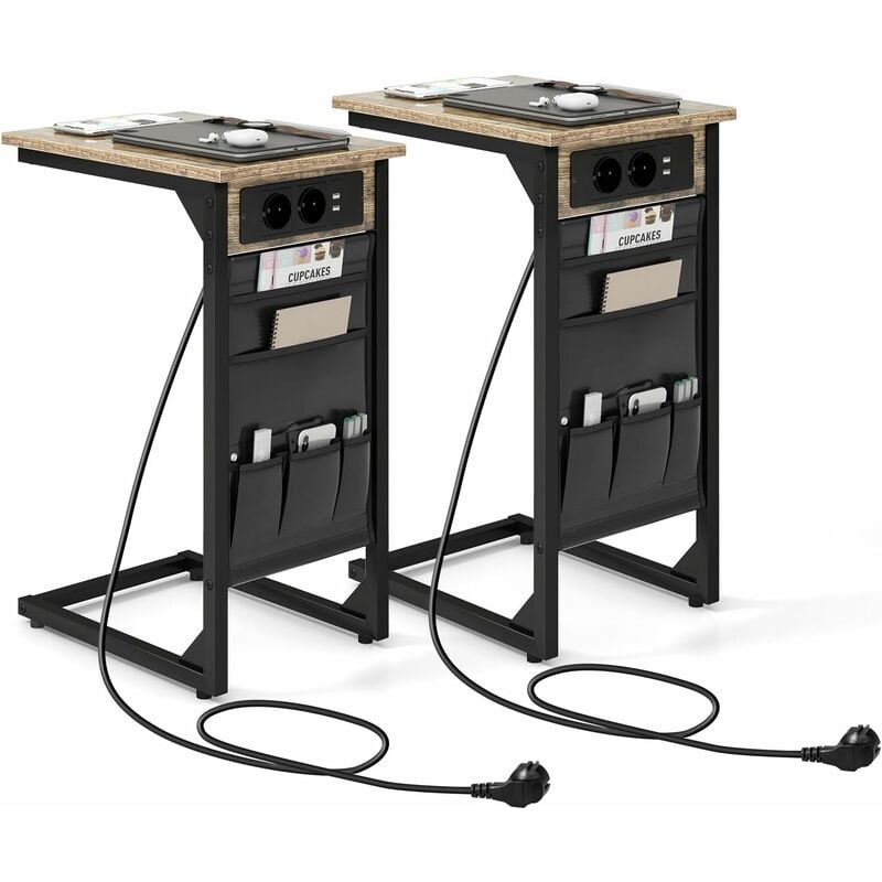 Costway - Table d'Appoint, Bout de Canapé en Forme de c avec 2 Prises et 2 Ports usb, Pochette de Rangement, Station de Charge, Table de Chevet Lot