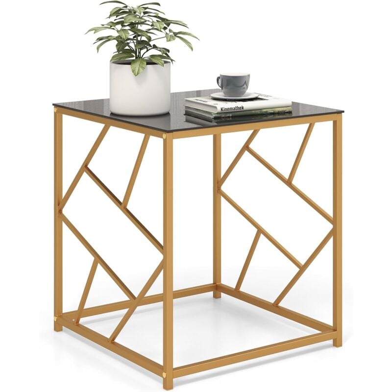 Table d'Appoint Carrée, Bout de Canapé avec Plateau en Verre Trempé, Cadre Géométrique Doré, Petite Table Basse Salon Moderne, 50 x 50 x 55 cm