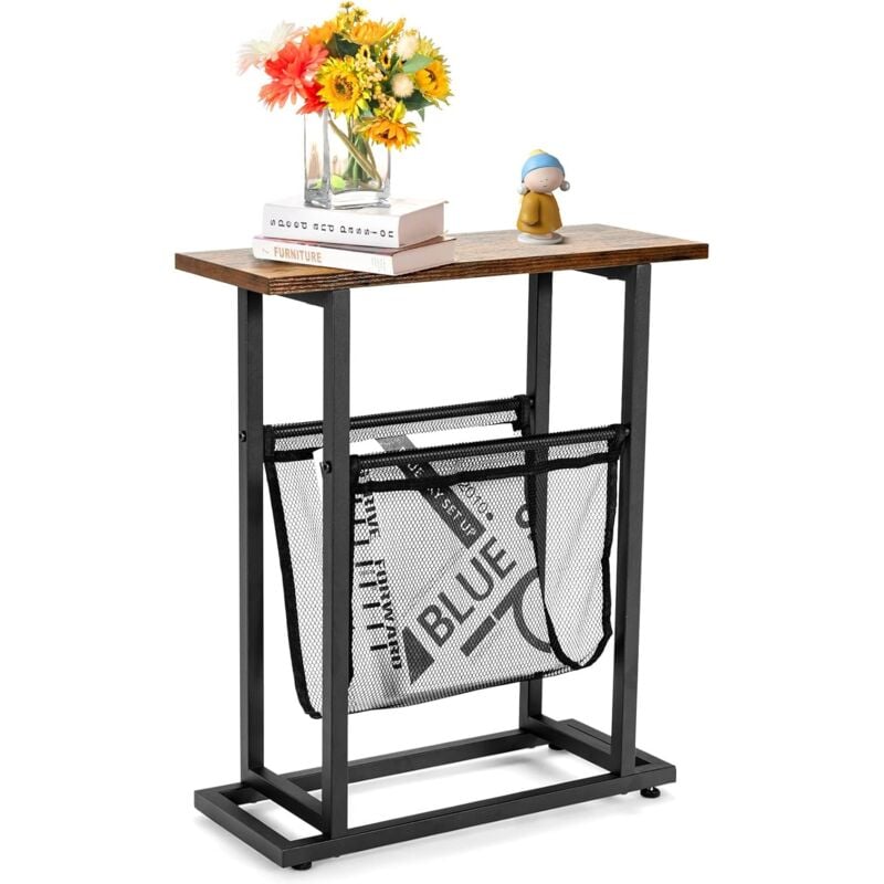 Costway - Table d'Appoint de Style Industriel, Bout de Canapé Étroite à 2 Niveaux avec Porte-revues en Maille, Piètement en Fer et Patins Réglables,