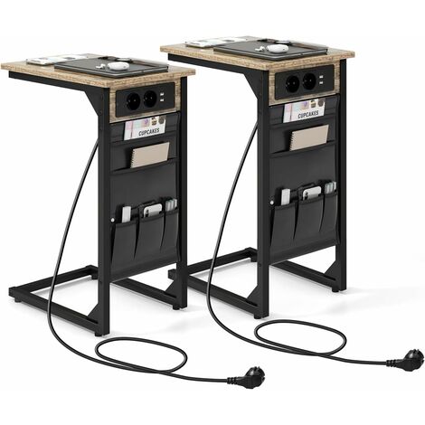 Costway – Table d'appoint en forme de C – 2 prises et 2 ports USB – Pochette de rangement – Dimensions 40 x 30 x 60 cm – Lot de 2 pour petit espace