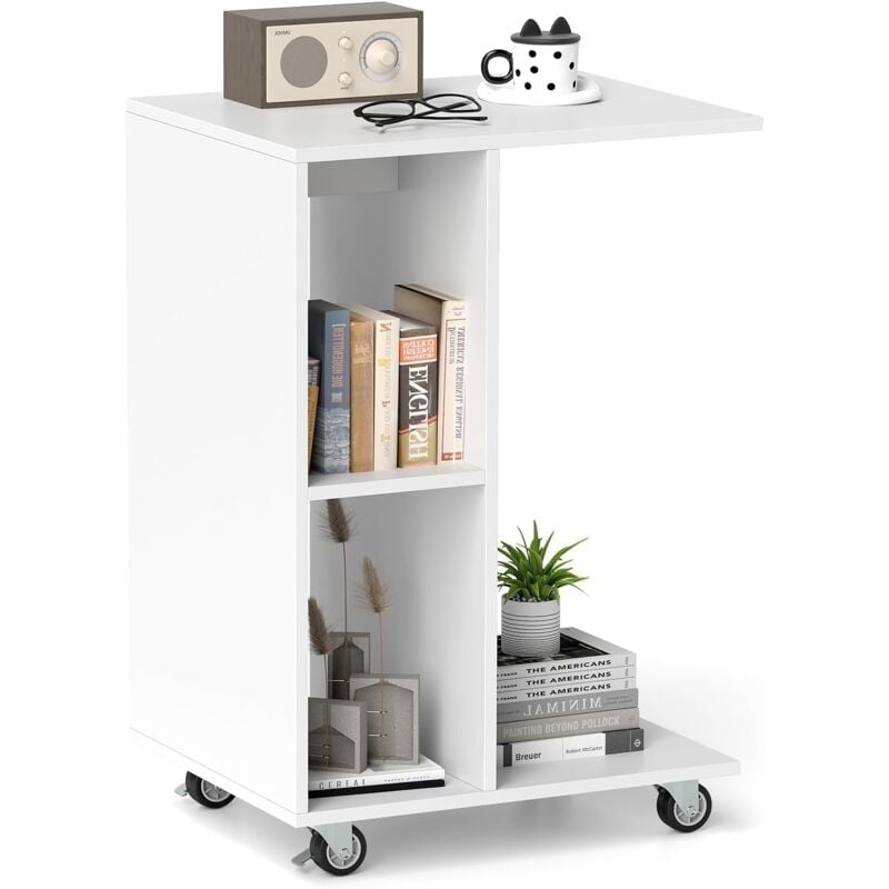 Costway - Table d'Appoint en Forme de c, Bous de Canapé à Roulette, Etagères Ouvertes, Cadre en Métal, roulettes Verrouillables, Table de Lit à