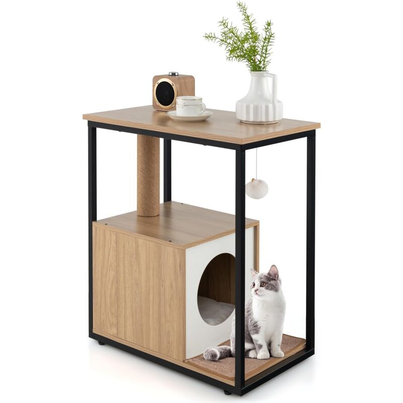 Table d'Appoint et Condo pour Chat, Maison pour Chat avec Griffoir et Tapis à Gratter Amovible, Arbre à Chat avec Balle Suspendue et Dispositif