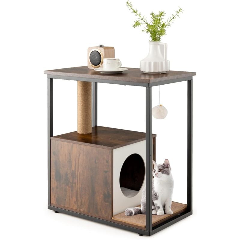 Table d'Appoint et Condo pour Chat, Maison pour Chat avec Griffoir et Tapis à Gratter Amovible, Arbre à Chat avec Balle Suspendue et Dispositif
