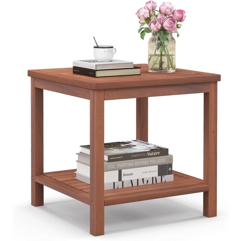 Table d'Appoint Extérieure en Bois à 2 Niveaux Charge 95KG, Table Basse de Jardin Portable Rectangulaire avec Plateau à Lamelles, Table de Bistrot
