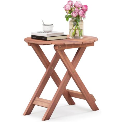 COSTWAY Table d’Appoint Pliante Extérieure en Bois Charge 75KG, Table Basse de Jardin Ronde avec Plateau à Lamelles Cadre en Forme de ‘X’, Table de Bistrot pour Patio Maison