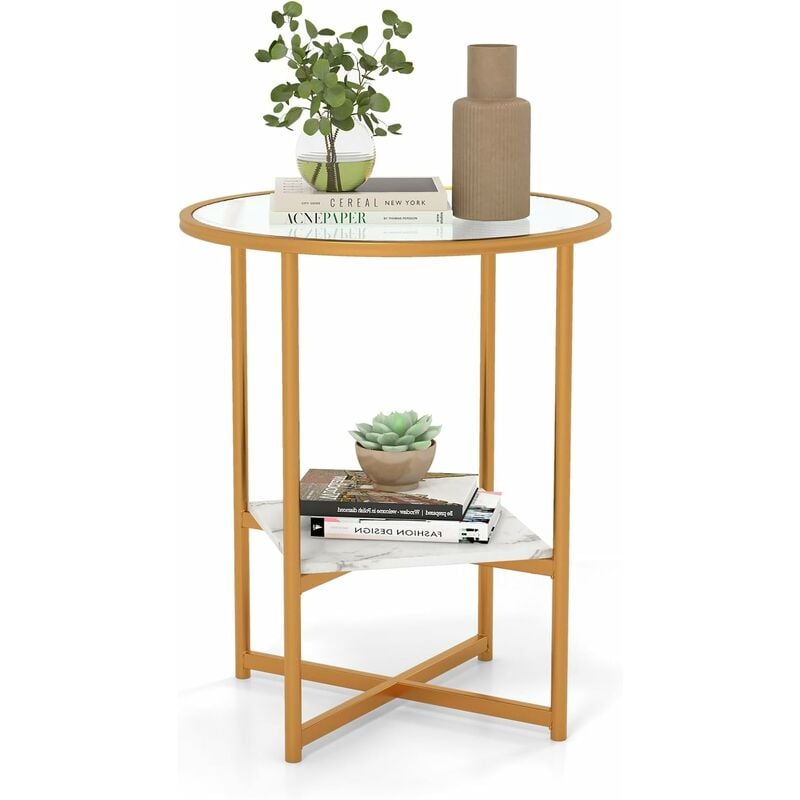 Costway - Table d'Appoint Ronde, Bout de Canapé en Verre Trempé Ondulé, Cadre en Métal Doré, Étagère en Faux Marbre, Petite Table Basse Salon