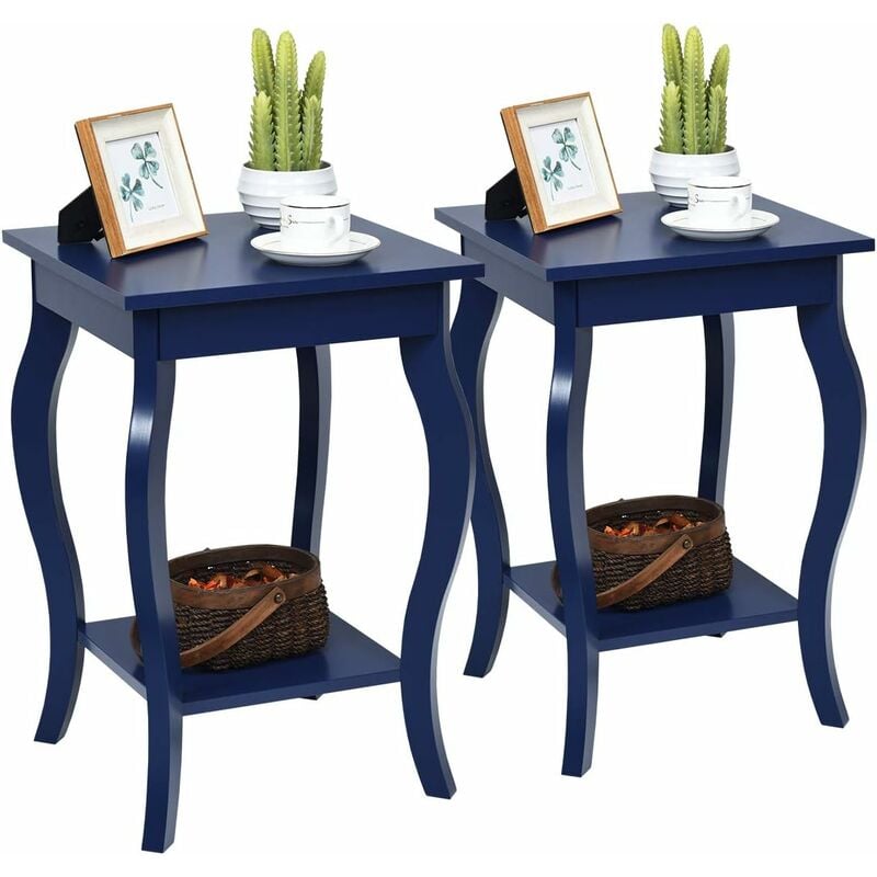 costway - table d'appoint, table de chevet 2 niveaux, bout de canapé carré avec patins antidérapants pour chambre, salon, 40 x 40 x 60 cm, bleu foncé