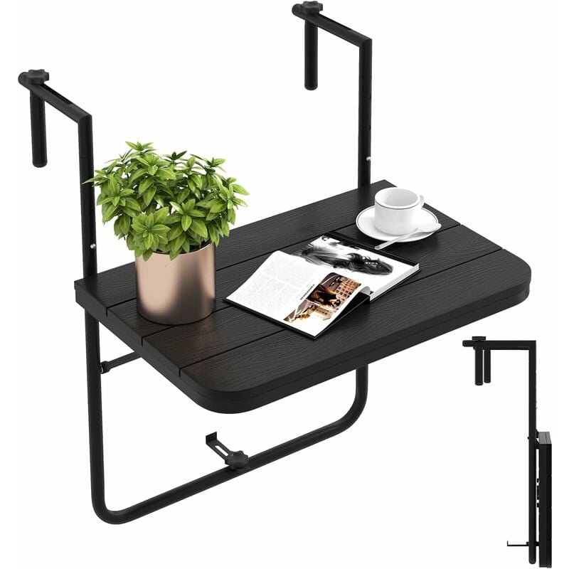 Table de Balcon Suspendue Pliable avec Hauteur 73/78,5/84CM, Table Rabattable en Hips et Métal avec Revêtement Anti-Rouille Charge 30KG pour Balcon