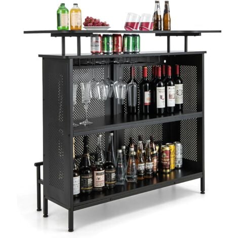 COSTWAY Table de Bar à Domicile à 4 Niveaux, Armoire de Bar avec 2 Étagères pour Vin et 6 Supports de Verres, Repose-Pieds en Métal, 7 Pieds Réglables, Style Industrielle pour Cuisine, Pub, Noir