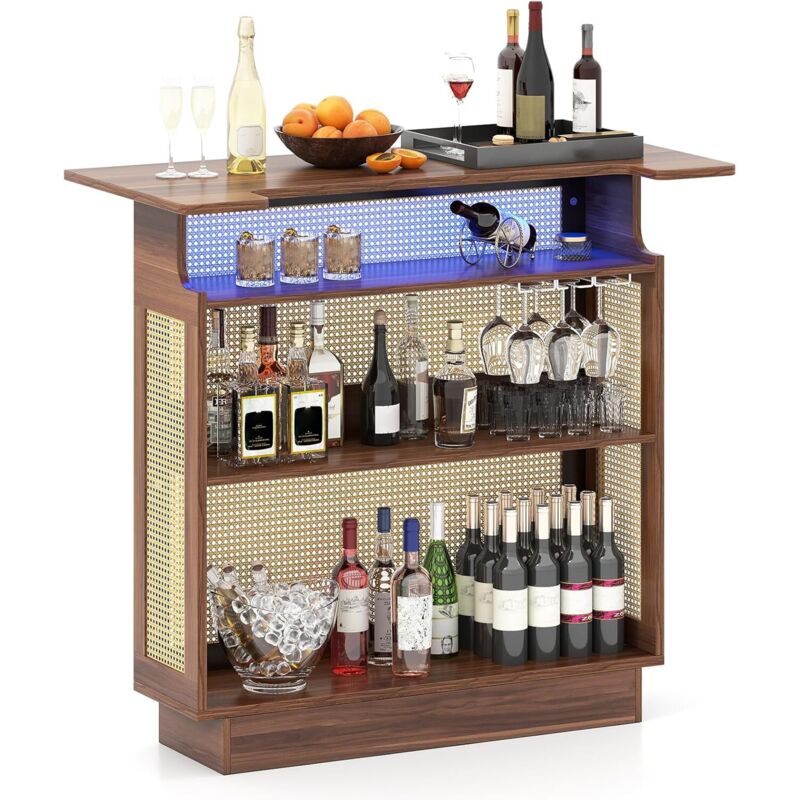 COSTWAY Table de Bar avec Éclairage LED RGB, Meuble Bar Salon en Rotin, Étagères 3 Niveaux, 3 Supports pour Verres à Pied, Table Haute pour Cuisine,