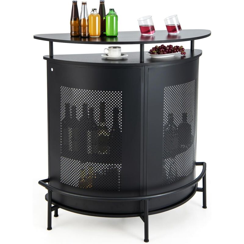 Costway - Table de Bar, Ilot Central Cuisine, Cadre en Métal, Pieds Réglables, Supports à Verres, Étagères, Repose-Pied en Métal, Mange Debout pour
