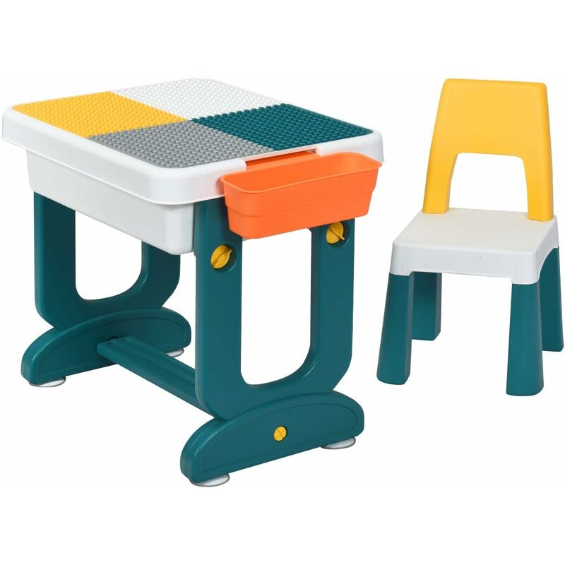 COSTWAY Table de Blocs de Construction 5 en 1 avec Planche Double Face, Table d’Activité avec 2 Boîtes de Rangement, 1 Table et 1 Chaise, pour