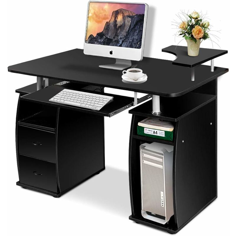 Costway - Table de bureau pour ordinateur PC avec tablette imprimante, tablette à clavier, 2 tiroirs et plate-forme de moniteur