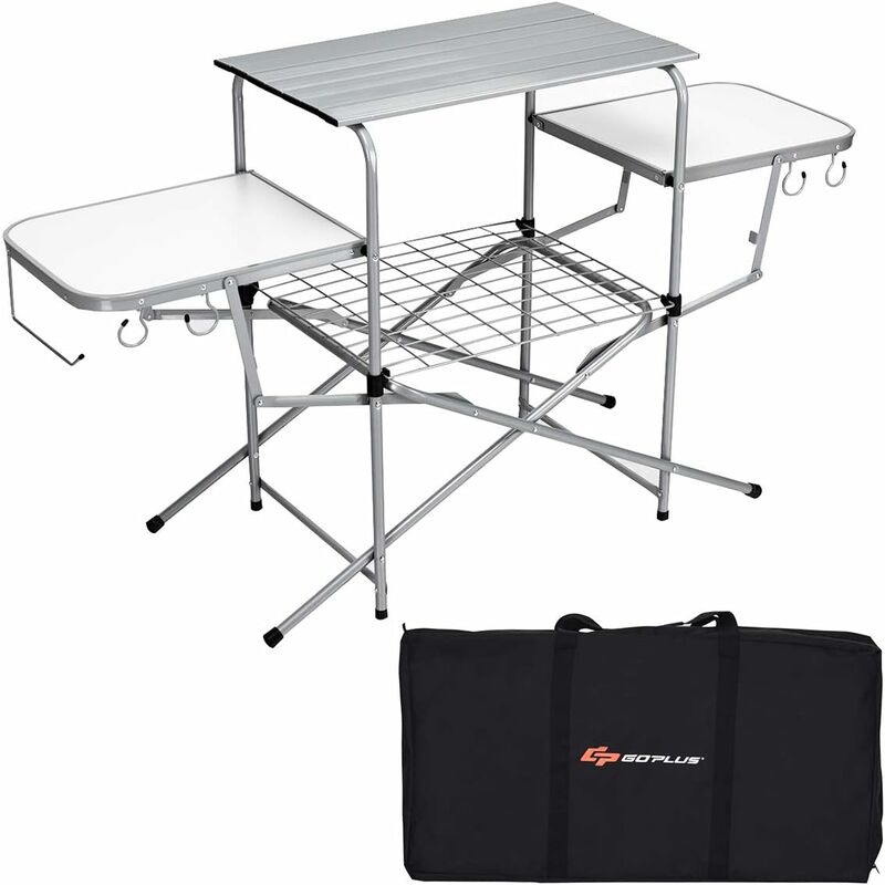 Table de Camping Pliable avec 2 Tablettes Latérales et Étagère de Grille, Table de Pique-Nique Portable avec Porte-Serviettes, 4 Crochets et Sac de