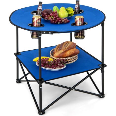 COSTWAY Table de Camping Pliante à 2 Niveaux, Table de Pique-Nique Portable avec Sac de Transport 4 Porte-Gobelets, Table de Plage Etanche Légère pour Pêche Barbecues, 72 x 59 cm