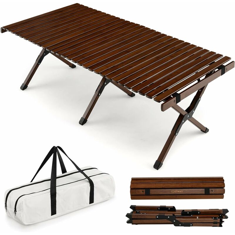 Costway - Table de Camping Pliante en Bambou à Latte Enroulable, Table Pliante Extérieure Charge Max 50kg avec Sac de Transport pour Barbecue