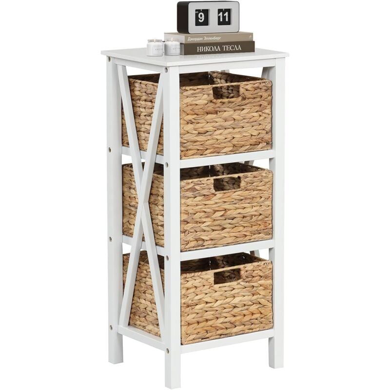 Costway - Table de Chevet 3 Niveaux, Table de Nuit avec 2 Paniers en Herbe Marine, Design x, Table d'Appoint avec Pieds en Bois d'Acacia pour