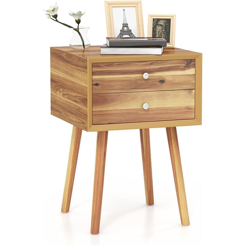 Costway - Table de Chevet avec 2 Tiroirs, Table de Nuit Scandinave en Bois pour Salon, Chambre, Couloir, Bureau, 40 x 40 x 59,5 cm Marron Rustique