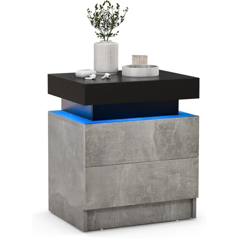 Costway - Table de Chevet avec Éclairage led 20 Couleurs, Table de Nuit 2 Tiroirs en Texture Marbre, Chevet de Lit pour Chambre, Salon, Table