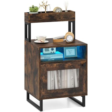 COSTWAY Table de chevet avec LED, table de nuit avec plateau supérieur, compartiment ouvert, armoire de rangement et porte, table d'appoint pour salon et chambre à coucher (marron, 1)