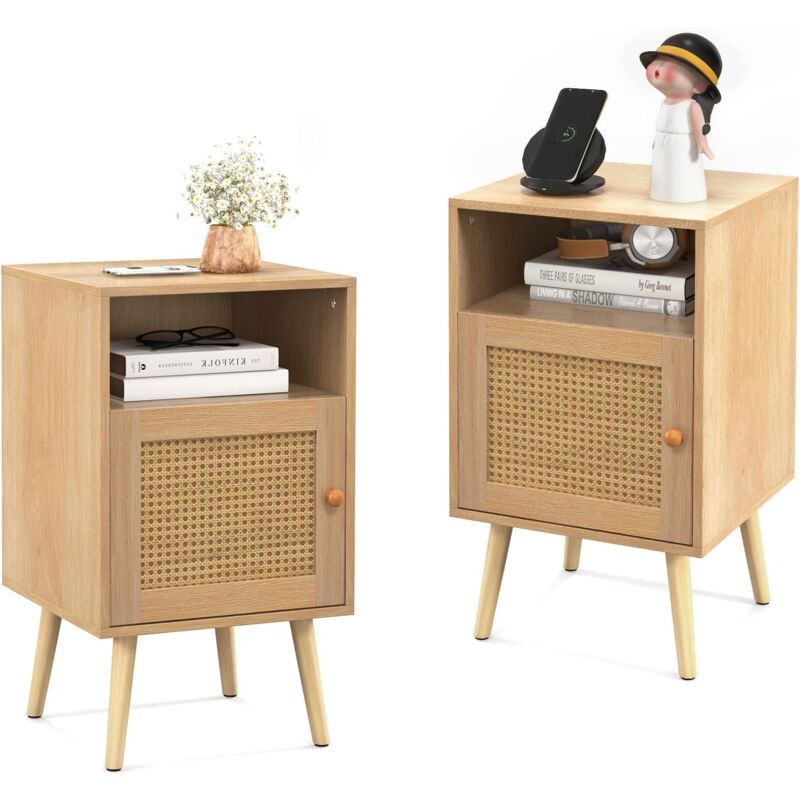 Costway - Table de Chevet avec Porte Cannage et Pieds en Bois Massif, Table de Nuit Bohême, Fermeture Silencieuse, Table d'Appoint ave pour Salon,