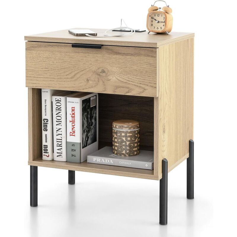 Costway - Table de Chevet avec Prise, Table d'Appoint avec Station de Charge, 1 Tiroir, 1 Passe-câble, 4 Pieds en Métal, Chevet de Lit pour Chambre,