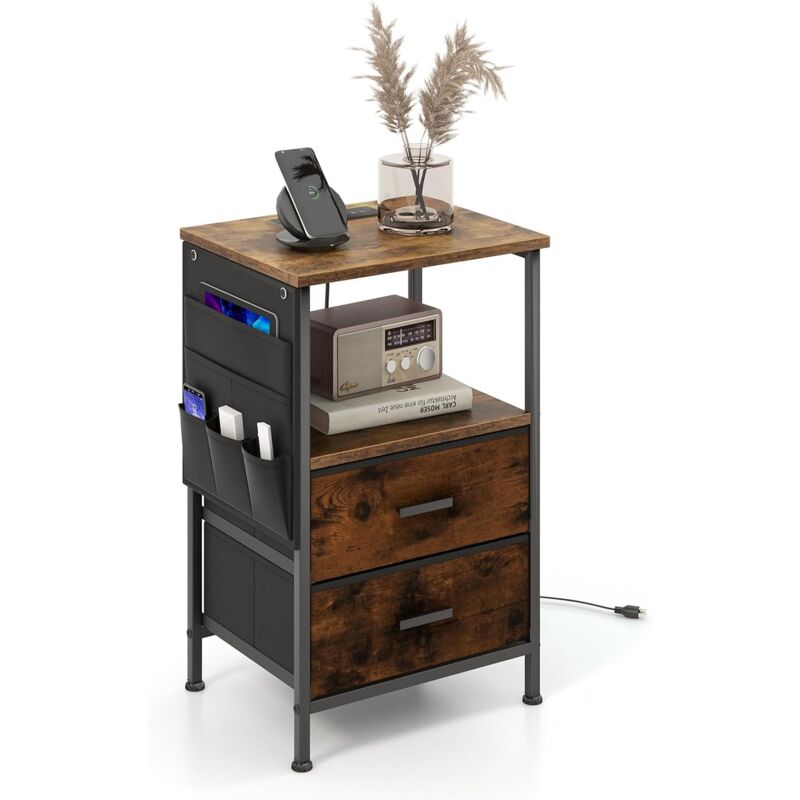 COSTWAY Table de Chevet avec Prise, Table d'Appoint avec Station de Charge, 2 Tiroirs Pliables, 6 Poches Latérales, Table de Chevet Connectée pour COSTWAY Table de Chevet avec Prise, Table d'Appoint avec Station de Charge, 2 Tiroirs Pliables, 6 Poches Latérales, Table de Chevet Connectée pour