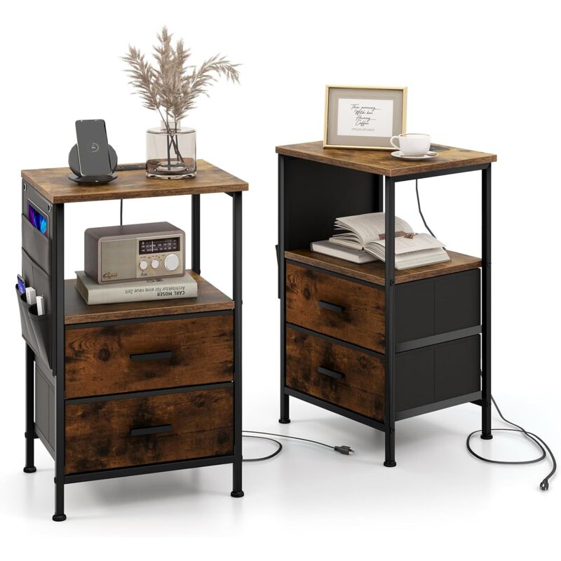 COSTWAY Table de Chevet avec Prise, Table d'Appoint avec Station de Charge, 2 Tiroirs Pliables, 6 Poches Latérales, Table de Chevet Connectée pour COSTWAY Table de Chevet avec Prise, Table d'Appoint avec Station de Charge, 2 Tiroirs Pliables, 6 Poches Latérales, Table de Chevet Connectée pour