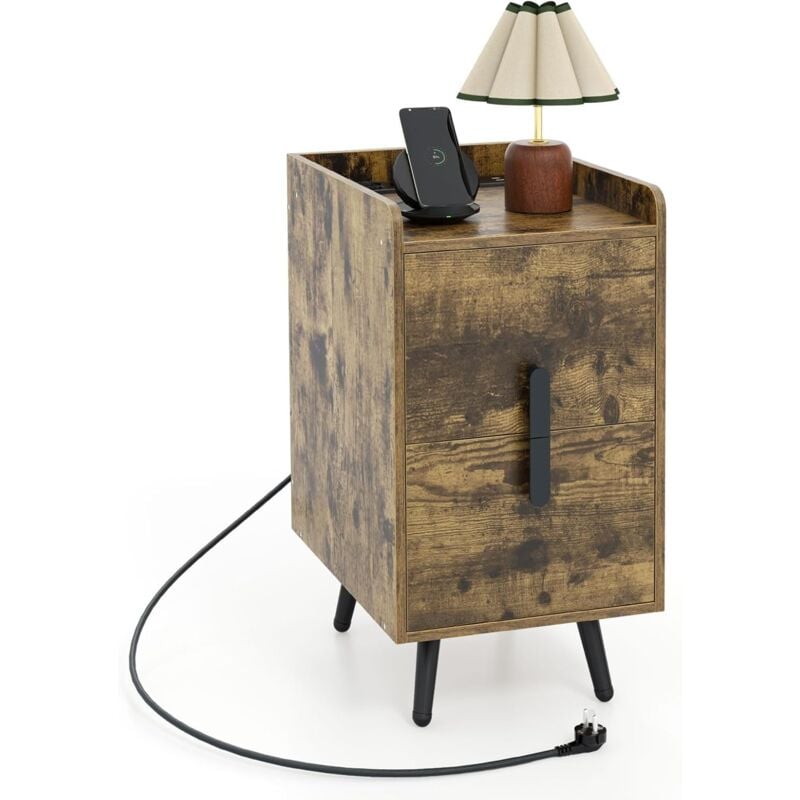 Costway - Table de Chevet avec Prise, Table de Chevet Intelligente 2 Tiroirs Coulissants, 1 Passe-câble, 2 Ports usb & 3 Prises, Bords Surélevés,