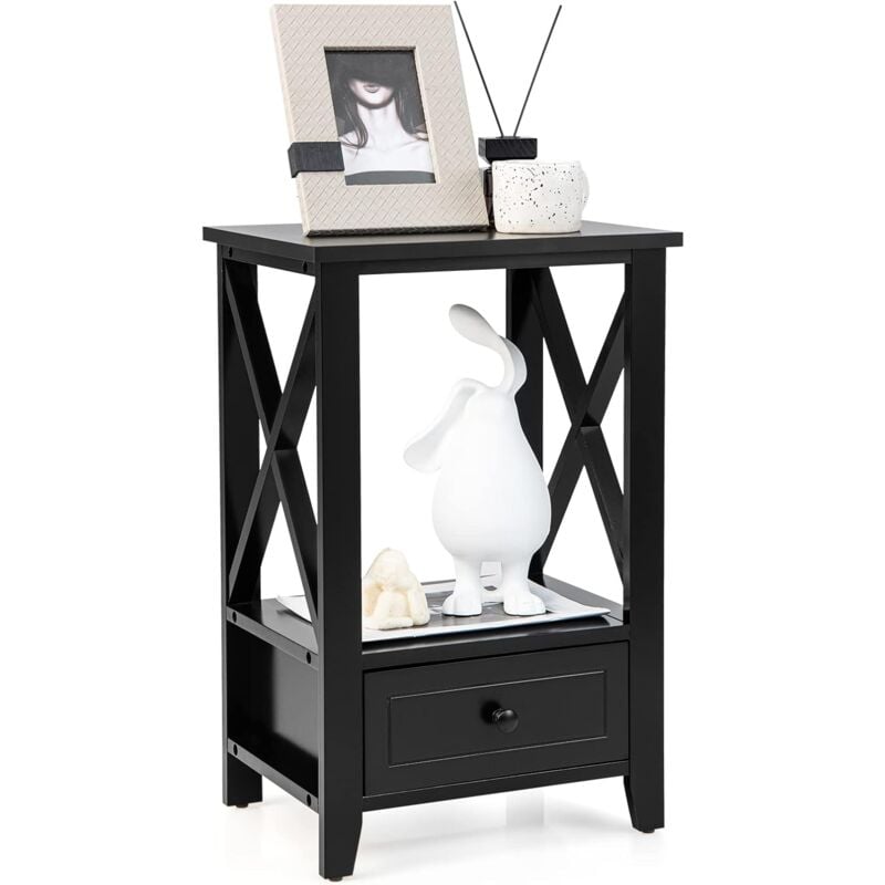 Costway - Table de Chevet avec Tiroir Inférieur et Étagère, Table de Nuit 40 x 30 x 61,5 cm, pour Salon, Chambre, Bureau, Appartement Noir