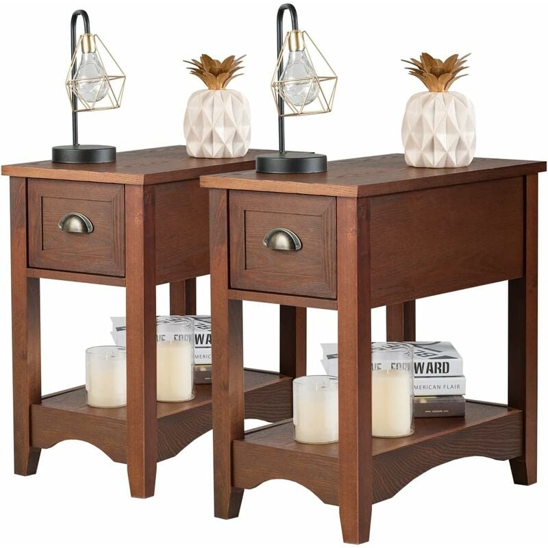 Costway - Table de Chevet avec Tiroir, Table d'Appoint Pieds en Bois d'Hévéa, Bout de Canapé Rétro pour Chambre, Salon, 56 x 33 x 58,5 cm (Brun