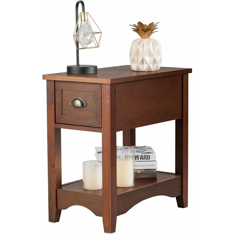 Costway - Table de Chevet avec Tiroir, Table d'Appoint Pieds en Bois d'Hévéa, Bout de Canapé Rétro pour Chambre, Salon, 56 x 33 x 58,5 cm (Brun