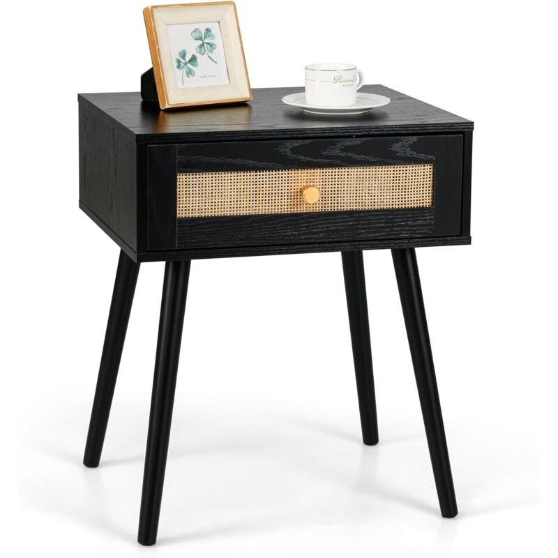 Table de Chevet Bois, Table de Nuit en Rotin avec Tiroir, 4 Pieds en Pin, Chevet de Lit Cannage pour Chambre, Salon, Style Bohème, 48 x 40 x 58 cm