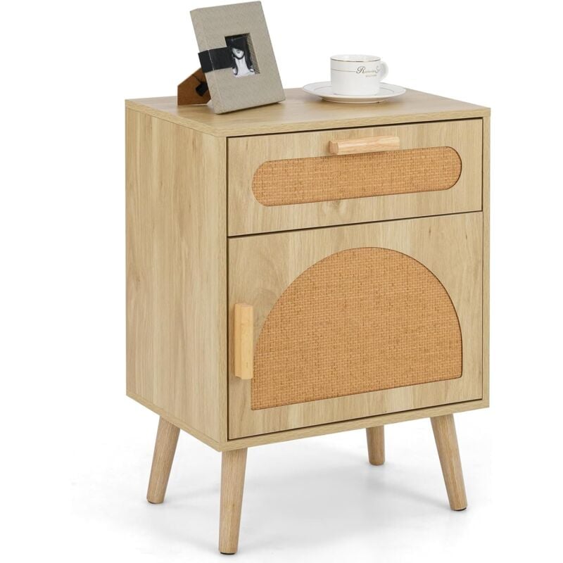 Costway - Table de Chevet Bois, Table de Nuit Rotin avec Tiroir, 4 Pieds en Pin, Design Cannage, Placard à Porte, Style Bohème, Chevet Bois pour