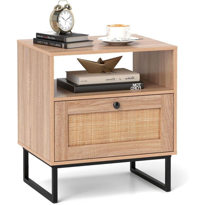 Costway - Table de Chevet Bois, Table de Nuit Rotin avec Tiroir, Pieds en Métal, Design Cannage, Compartiment, Style Bohème, Chevet Bois pour