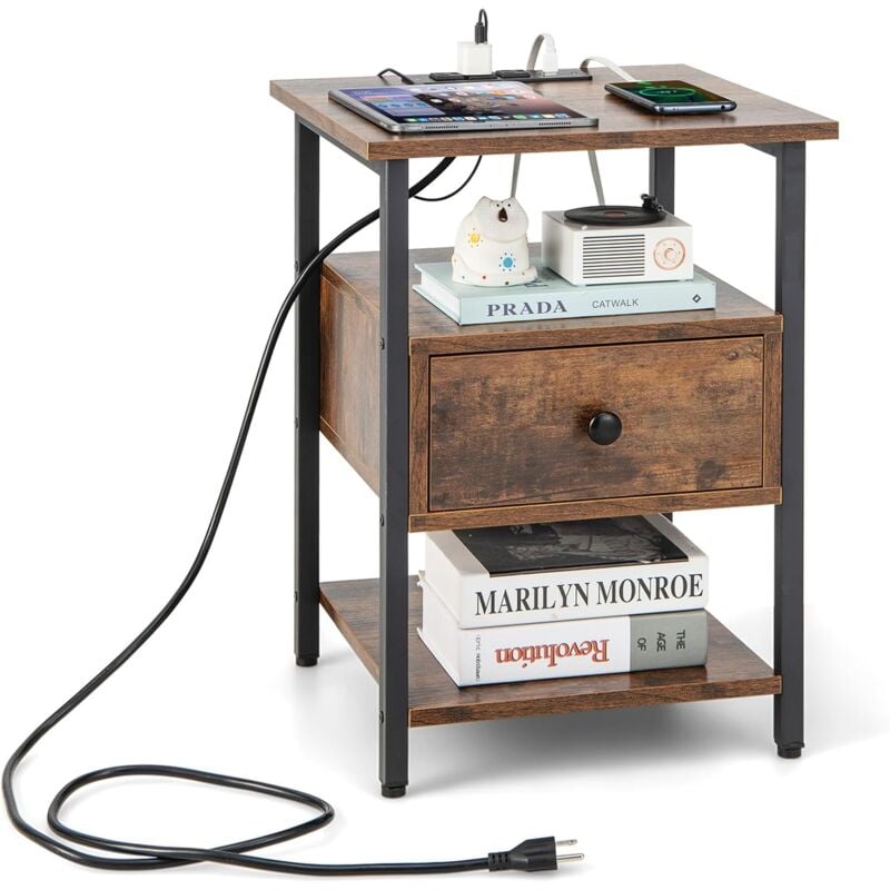 COSTWAY Table de Chevet Connectée, Table de Chevet avec Prise 3 Niveaux, Etagères Ouvertes, Tiroir, Plateau en Bois, Cadre en Métal, Style