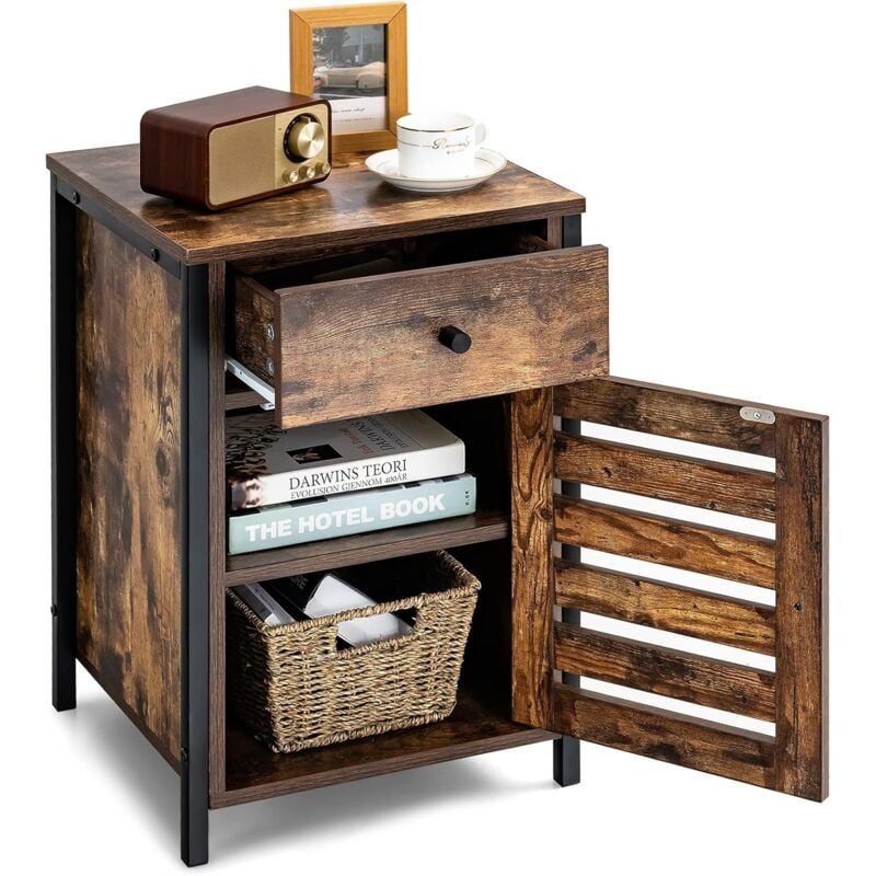 Table de Chevet de Style Industriel avec Porte Volet et Etagère Réglable en Hauteur pour Salon , Chambre, Marron Rustique - Costway
