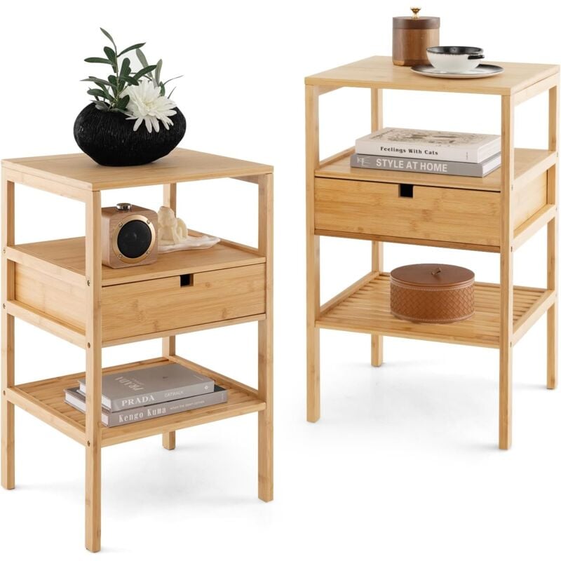 Costway - Table de Chevet en Bambou, Table de Nuit avec Tiroir et 3 Étagères, Chevet de Lit pour Chambre Adulte, Table d'Appoint Naturel, Bout de