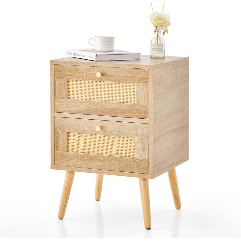 Costway - Table de Chevet en Rotin, Table de Nuit Bois avec 2 Tiroirs et 4 Pieds en Pin, Porte Cannage, Table d'appoint scandinave pour Salon,