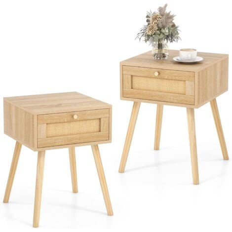 COSTWAY Table de Chevet en Rotin, Table de Nuit Bois avec Tiroir et 4 Pieds en Pin, Chevet de Lit pour Chambre, Salon, Style Naturel, 40 x 40 x 55 cm (2)