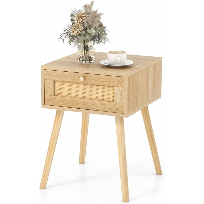 Costway - Table de Chevet en Rotin, Table de Nuit Bois avec Tiroir et 4 Pieds en Pin, Chevet de Lit pour Chambre, Salon, Style Naturel, 40 x 40 x 55